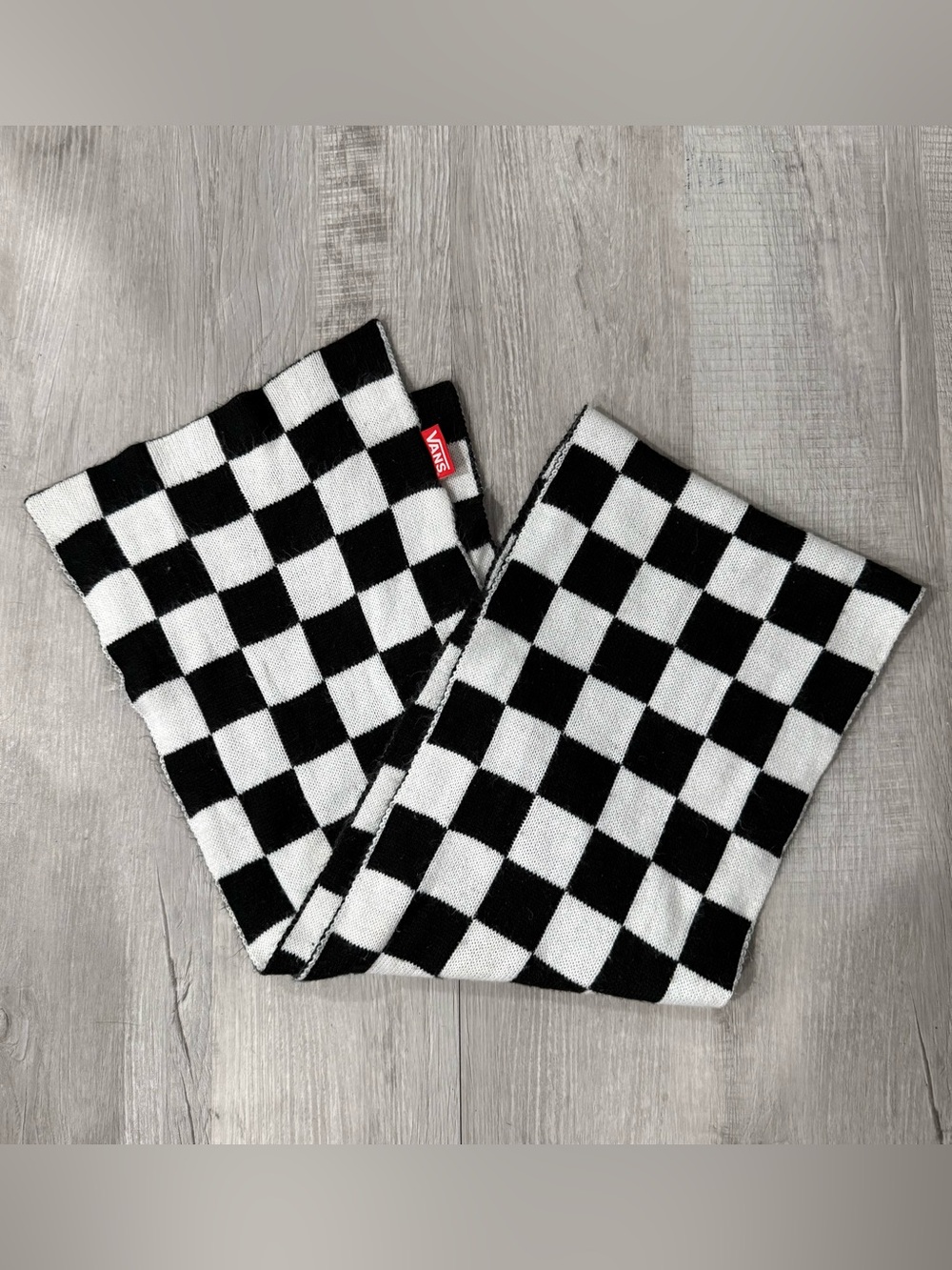 VANS Black & White Check Knit Rectangle Scarf w/ Logo Accent 67 x 12 in